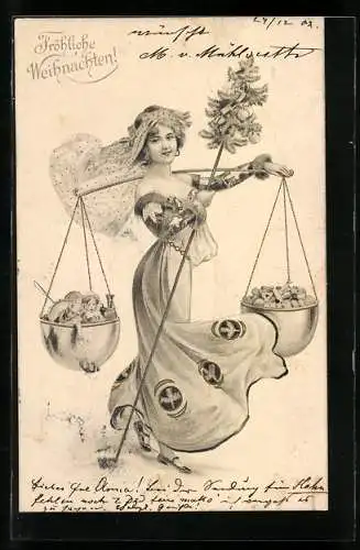 AK Junge Frau mit Weihnachtsbaum und Waage mit Nüssen und Spielzeug, Jugendstil