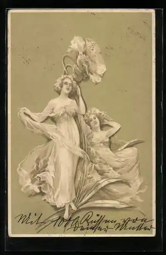 Künstler-AK Zwei Frauen mit einer Blume in voller Pracht, Jugendstil