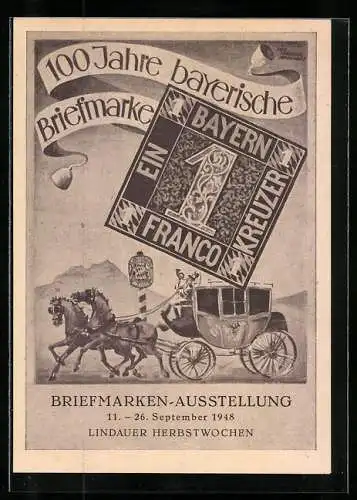 AK Briefmarken-Ausstellung 1948, Lindauer herbstwochen, 100 Jahre bayrische Briefmarke