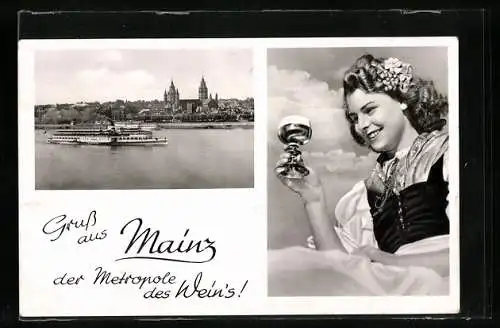 AK Mainz, Frau in Tracht mit Weinglas