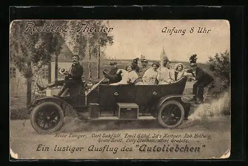 AK Schauspieler des Residenz-Theaters Ricco Langer, Carl Sukfüll, Grete Brill im Auto