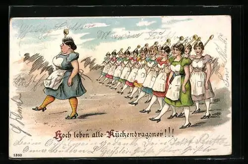 Künstler-AK Hoch leben alle Küchendragoner, Köchinnen marschieren mit Kochlöffeln