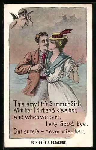 Künstler-AK To kiss is a pleasure, Amor beobachtet Liebespaar