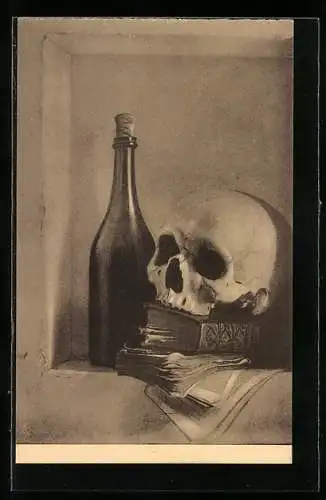 AK Ein Totenkopf auf Büchern neben einer Flasche