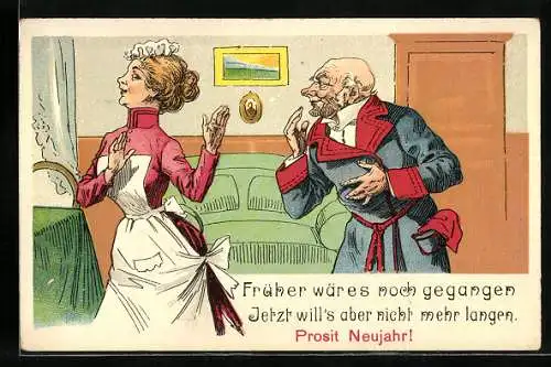 Lithographie Früher wär es noch gegangen..., Greis stellt Dienstmädchen nach
