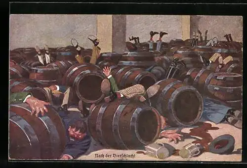 AK Betrunkene liegen nach der Bierschlacht neben Fässern, Trinkerhumor