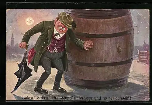 AK betrunkener Mann mit Schirm lehnt sich an ein Bierfass an und findet nicht nach Hause