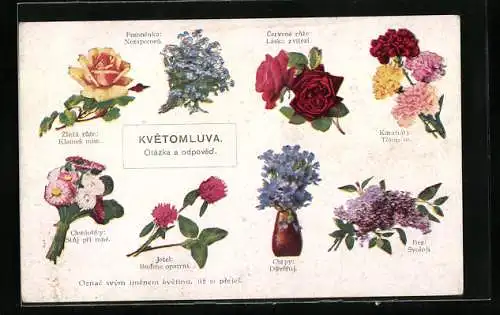 AK Blumensprache mit Flieder, Rosen, Nelken