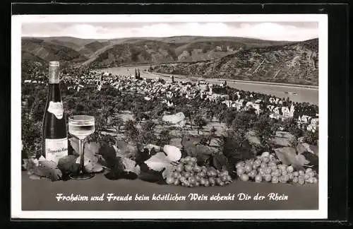 AK Boppard /Rhein, Blick von der Thonetshöhe auf den Ort, Weinflasche- und Glas