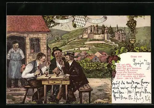 AK Wein trinkende Männer im Gasthaus in der Pfalz