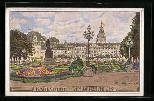 Künstler-AK Karlsruhe, Residenzschloss mit Park & Denkmal
