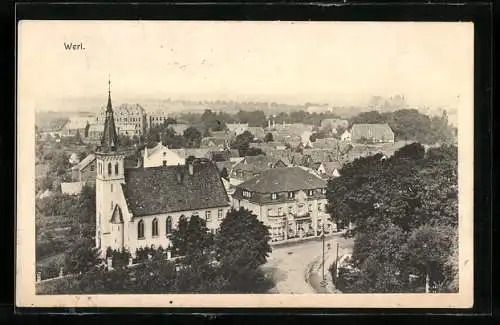 AK Werl, Teilansicht mit Kirche und Strassenpartie