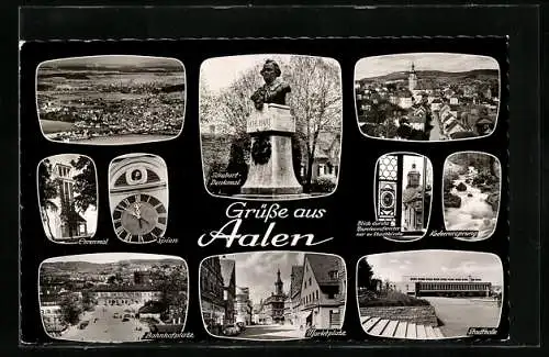AK Aalen, Stadthalle, Bahnhofplatz, Schubart-Denkmal