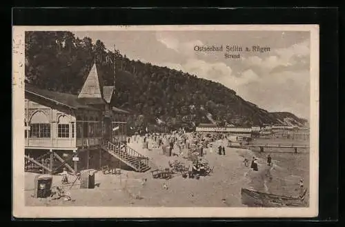 AK Sellin a. Rügen, Strand mit Badegästen und Bootshäusern