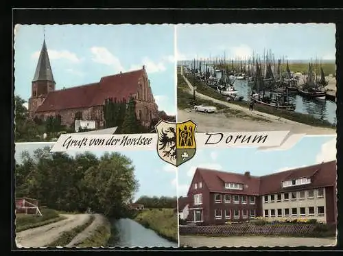 AK Dorum, Kirche und Fischkutter am Hafen