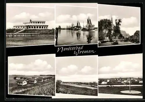 AK Wremen über Bremerhaven, Kirche, Campingplatz und Fischkutter am Hafen