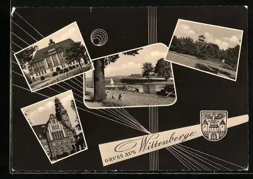 AK Wittenberge, Kirche, Häuserpartie, Partie am Wasser