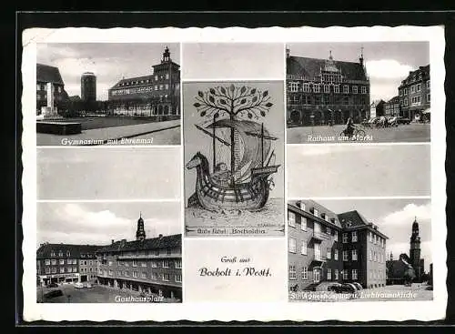 AK Bocholt, Gymnasium mit Ehrenmal, Rathaus am Markt, Gasthausplatz, St. Agneshospital u. Liebfrauenkirche