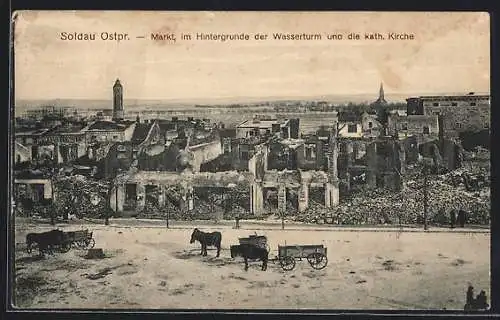 AK Soldau, Markt, Im Hintergrunde der Wasserturm und die katholische Kirche