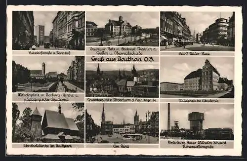 AK Beuthen, Bahnhofstrasse u. Bahnhof, Platz, Förderturm Kaiser Wilhelm-Schacht Hohenzollerngrube