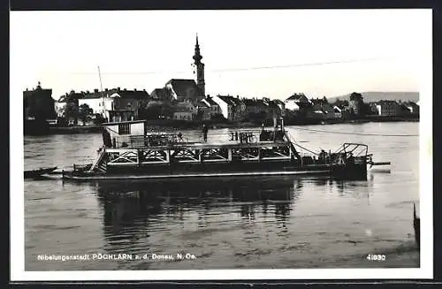 AK Pöchlarn a. d. Donau, Fährschiff vor Ortspanorama