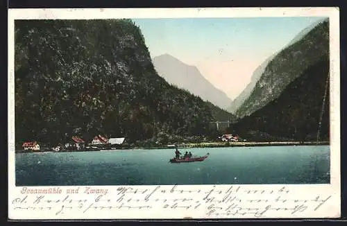 AK Hallstatt, Gosaumühle, Ortsansicht mit Zwang, Bootspartie