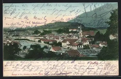 AK Ischl, Ortsansicht mit Brücken aus der Vogelschau