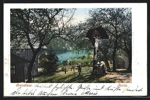 AK Grundlsee, Ortsansicht mit Flurkreuz