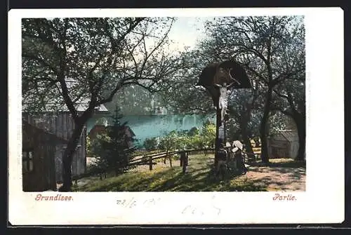 AK Grundlsee, Ortsansicht mit Flurkreuz