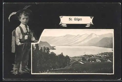 AK St. Gilgen, Ortsansicht mit See und Bergen im Passepartout