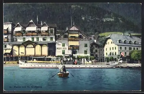 AK St. Wolfgang, Hotel Weisses Rössl mit Dampfer und Ruderboot
