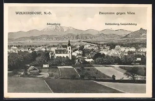 AK Wolkersdorf /N.-Ö., Ortspanorama mit Blick auf Wien und den Schneeberg