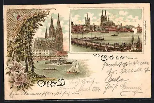 Lithographie Köln, Rheinpartie mit Stadtpanorama und Dom