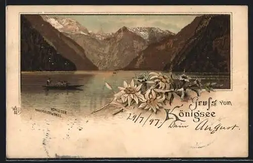 Lithographie Schönau / Königssee, Königsee mit Boot vom Malerwinkel aus gesehen