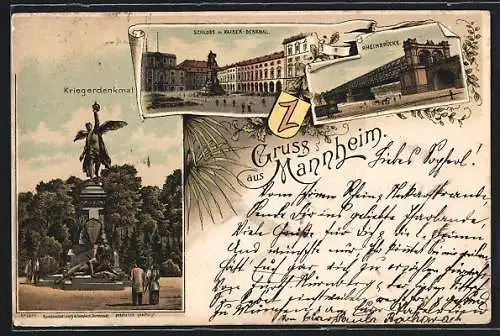 Lithographie Mannheim, Schloss mit Kaiser-Denkmal, Rheinbrücke und Kriegerdenkmal