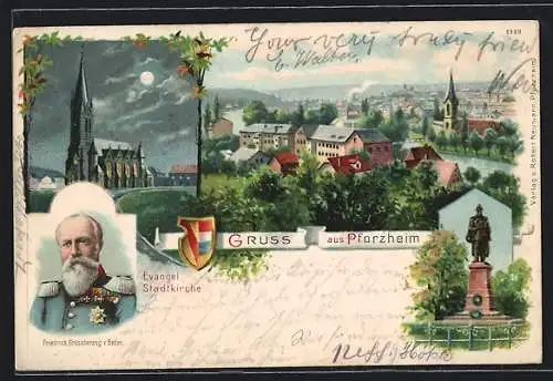 Lithographie Pforzheim, Ev. Stadtkirche b. Mondschein, Ortsansicht aus der Vogelschau, Grossherzog Friedrich v. Baden
