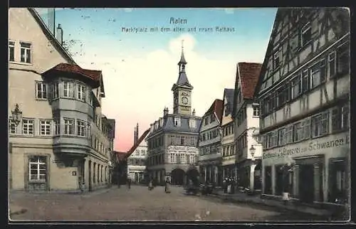 AK Aalen, Gasthaus u. Metzgerei zum Schwanen, Marktplatz mit altem und neuem Rathaus