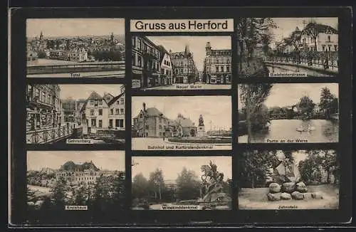 AK Herford, Tabakgeschäft am Gehrenberg, Neuer Markt, Bielefelderstrasse, Wittekinddenkmal und Kreishaus
