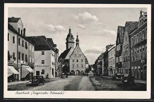 AK Auerbach / Bayr. Ostmark, Strassenpartie mit Metzgerei Hofmann und Kirche