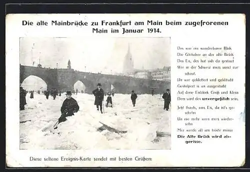 AK Frankfurt, Blick zur Mainbrücke vom zugefrorenen Main 1914, Unwetter