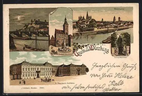 Lithographie Würzburg, Rathaus, K- Residenz-Schloss, Festung