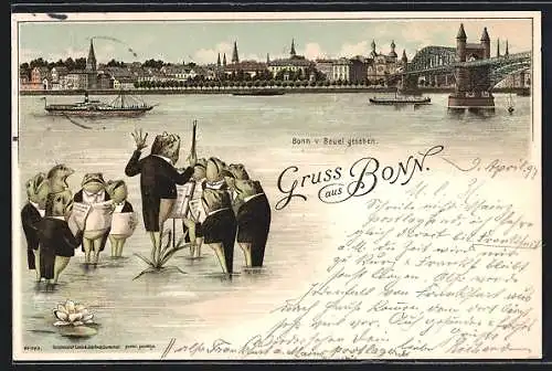 Lithographie Bonn, Froschkonzert am Rhein, Bonn von Beuel gesehen