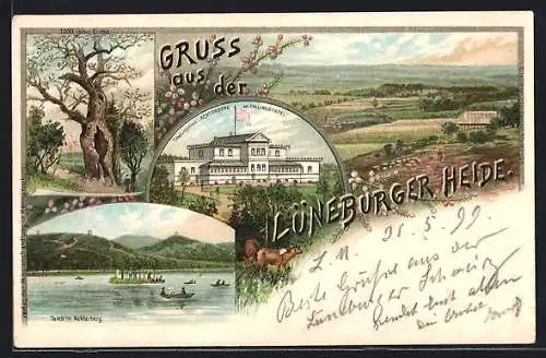 Lithographie Fallingbostel, Hotel Achterberg, Teich