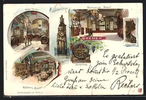 Lithographie Bremen, Gasthaus Ratskeller, Rose-Keller, Rathsherren-Zimmer, Katzenfass, Roland