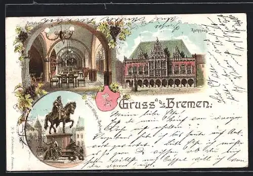 Lithographie Bremen, Inneres Gasthaus Ratskeller, Rathaus, Kaiser Wilhelm-Denkmal