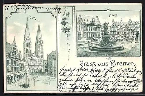 Lithographie Bremen, Denkmal am Markt, Dom