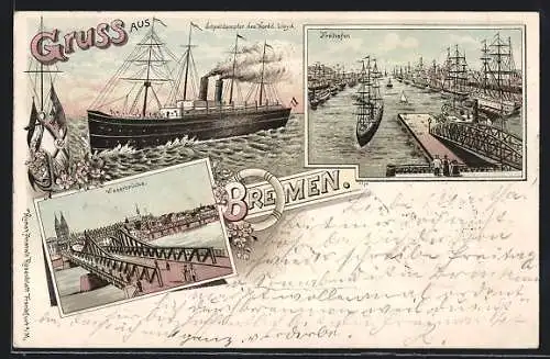 Lithographie Bremen, Schnelldampfer des Nordd. Llyods, Weserbrücke, Freihafen