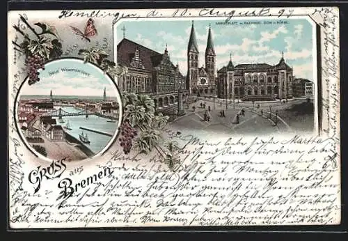 Lithographie Bremen, Marktplatz mit Rathaus, Dom und Börse, Partie an der neuen Weserbrücke