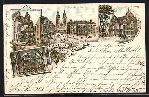 Lithographie Bremen, Dom u. Börse, Ratskeller, Kaiser Wilhelm I. Denkmal