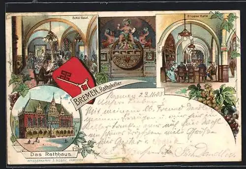Lithographie Bremen, Innenansichten Echo-Saal und Grosse Halle im Gasthaus Ratskeller, Rathaus